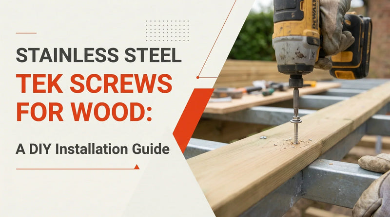 Stainless steel tek screw being installed into timber decking over a metal frame using a power drill, demonstrating a DIY timber-to-metal fixing method.