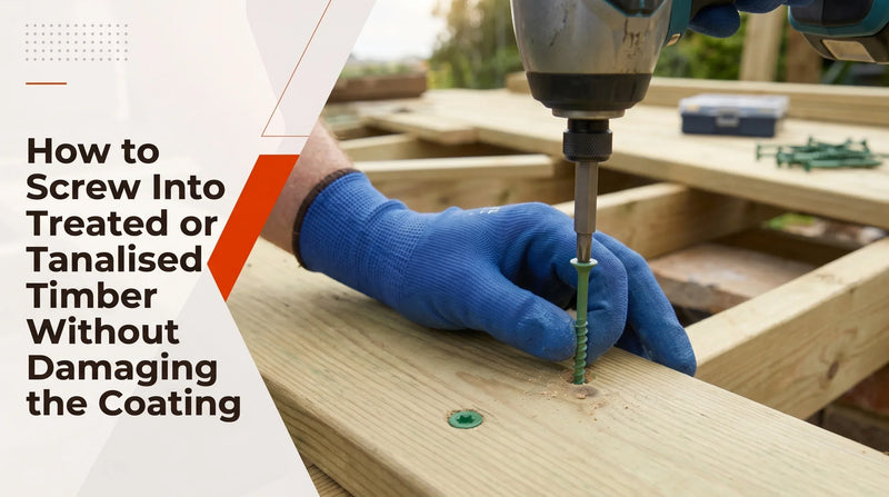 Person driving an exterior green polymer-coated screw into pressure-treated tanalised timber decking with a power drill.