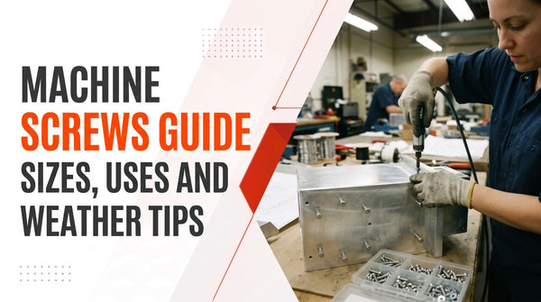 Factory worker wearing protective gloves and using a pneumatic screwdriver to assemble metal components at a workbench, illustrating a technical guide titled 'Machine Screws Guide: Sizes, Uses and Weather Tips'.