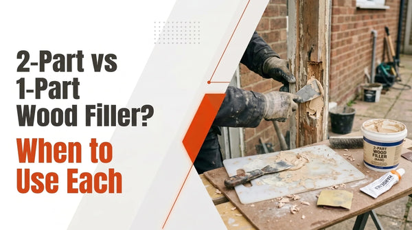 Informational banner comparing two part versus one part wood filler with a craftsman applying filler to a rotted wooden post on a workbench.