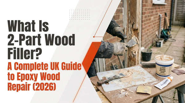 Step by step guide banner for two part wood filler featuring a craftsman applying epoxy wood filler with a putty knife to repair a damaged timber door frame.