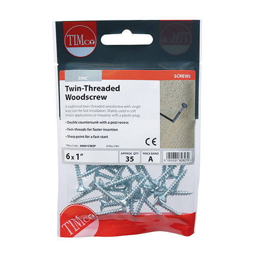 TIMCO Twin-Threaded Countersunk Silver Woodscrews - 6 x 1 (35pcs)