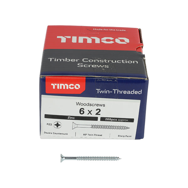 TIMCO Twin-Threaded Countersunk Silver Woodscrews - 6 x 2 (200pcs)