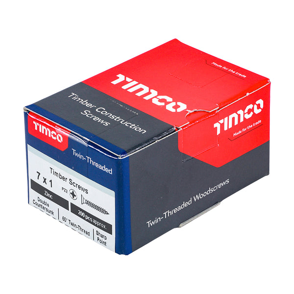 TIMCO Twin-Threaded Countersunk Silver Woodscrews - 7 x 1 (200pcs)