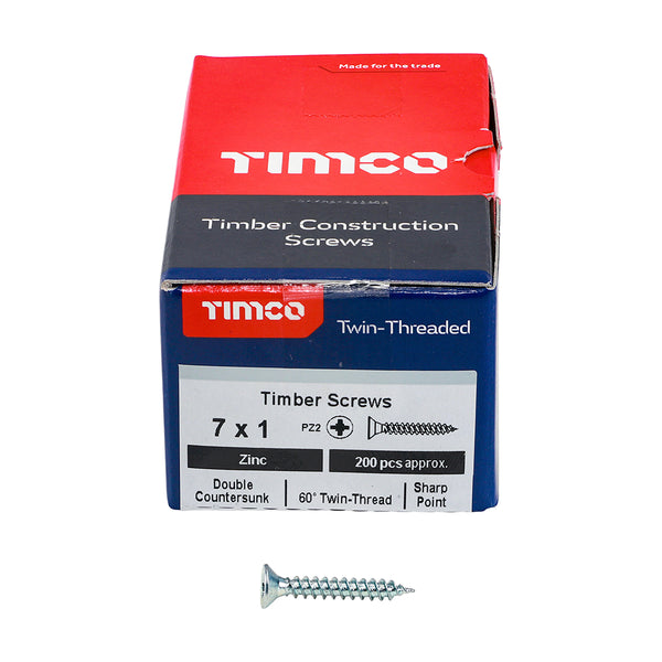 TIMCO Twin-Threaded Countersunk Silver Woodscrews - 7 x 1 (200pcs)