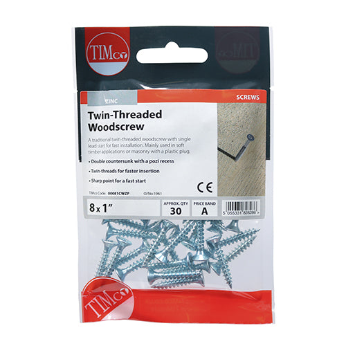 TIMCO Twin-Threaded Countersunk Silver Woodscrews - 8 x 1 (30pcs)