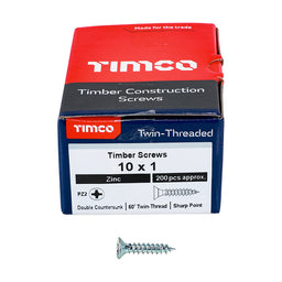 TIMCO Twin-Threaded Countersunk Silver Woodscrews - 10 x 1 (200pcs)