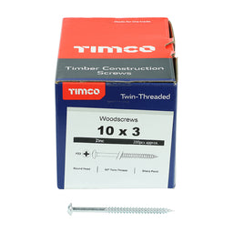 TIMCO Twin-Threaded Round Head Silver Woodscrews - 10 x 3 (200pcs)