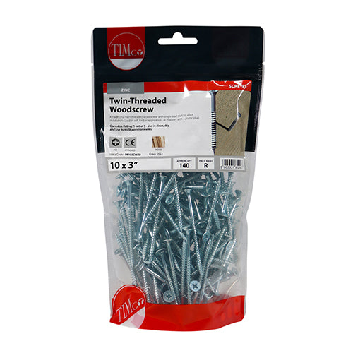 TIMCO Twin-Threaded Countersunk Silver Woodscrews - 10 x 3 (140pcs)