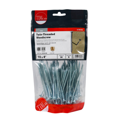 TIMCO Twin-Threaded Countersunk Silver Woodscrews - 10 x 4 (90pcs)