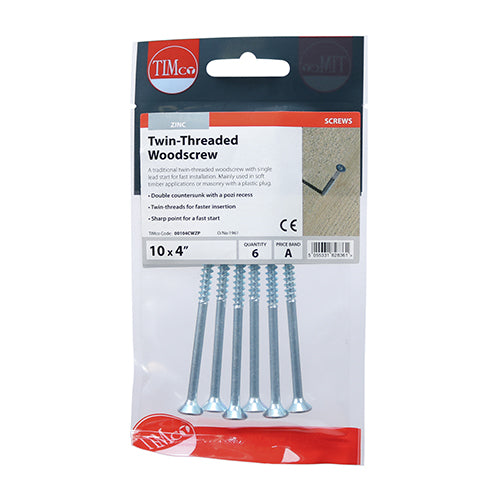 TIMCO Twin-Threaded Countersunk Silver Woodscrews - 10 x 4 (6pcs)