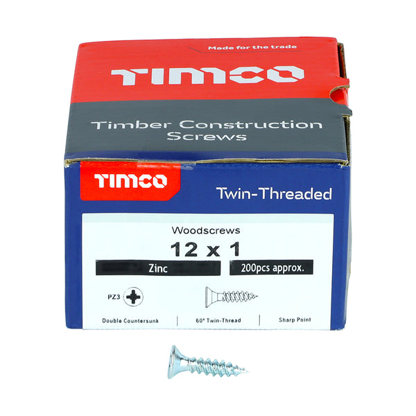 TIMCO Twin-Threaded Countersunk Silver Woodscrews - 12 x 1 (200pcs)