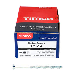 TIMCO Twin-Threaded Countersunk Silver Woodscrews - 12 x 4 (100pcs)