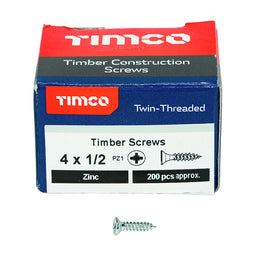 TIMCO Twin-Threaded Countersunk Silver Woodscrews - 4 x 1/2 (200pcs)