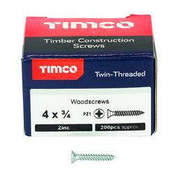 TIMCO Twin-Threaded Countersunk Silver Woodscrews - 4 x 3/4 (200pcs)