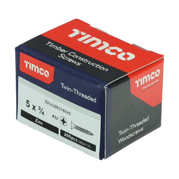 TIMCO Twin-Threaded Countersunk Silver Woodscrews - 5 x 3/4 (200pcs)