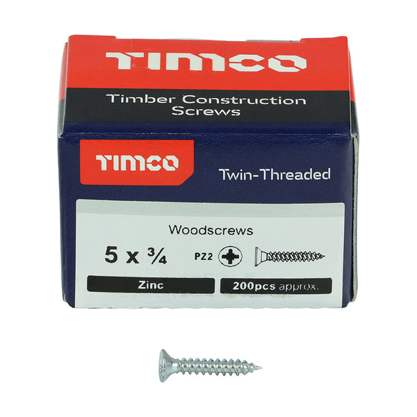 TIMCO Twin-Threaded Countersunk Silver Woodscrews - 5 x 3/4 (200pcs)