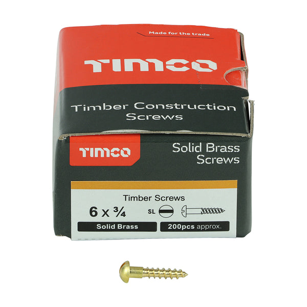 TIMCO Solid Brass Round Head Woodscrews - 6 x 3/4 (200pcs)