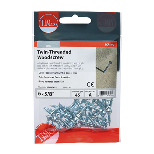 TIMCO Twin-Threaded Countersunk Silver Woodscrews - 6 x 5/8 (45pcs)