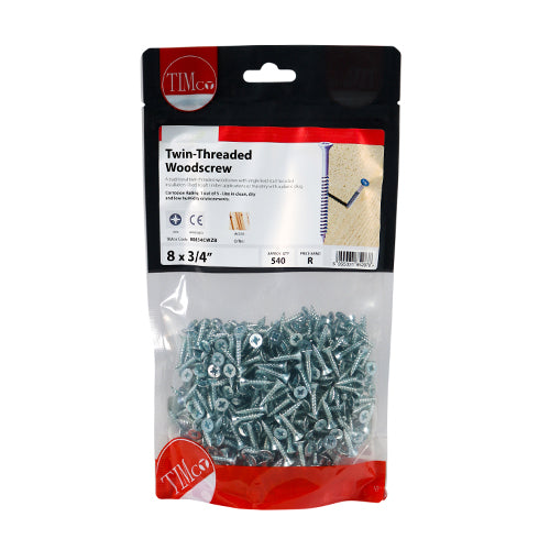 TIMCO Twin-Threaded Countersunk Silver Woodscrews - 8 x 3/4 (540pcs)