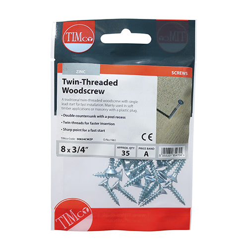 TIMCO Twin-Threaded Countersunk Silver Woodscrews - 8 x 3/4 (35pcs)