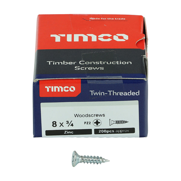 TIMCO Twin-Threaded Countersunk Silver Woodscrews - 8 x 3/4 (200pcs)