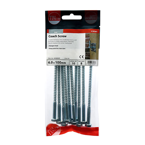 TIMCO Coach Screws Hex Head Silver  - 6.0 x 100 (10pcs)