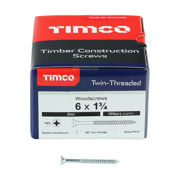 TIMCO Twin-Threaded Countersunk Silver Woodscrews - 6 x 1 3/4 (200pcs)