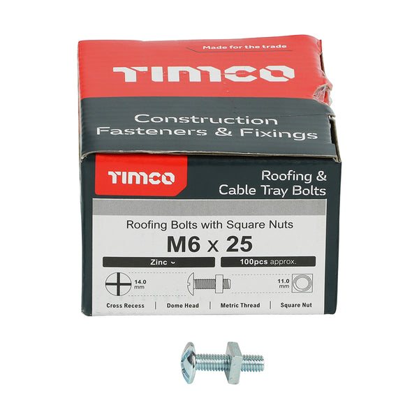 TIMCO Roofing Bolts & Square Nuts Silver - M6 x 25 (100pcs)