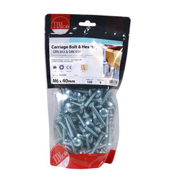 TIMCO Carriage Bolts DIN603 & Hex Full Nut DIN934 Silver - M6 x 40 (120pcs)