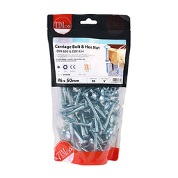 TIMCO Carriage Bolts DIN603 & Hex Full Nut DIN934 Silver - M6 x 50 (90pcs)