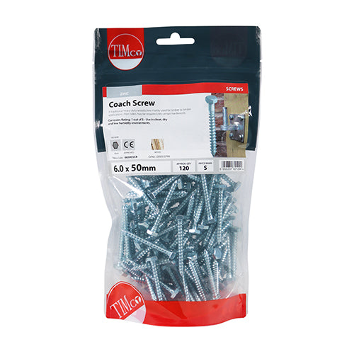 TIMCO Coach Screws Hex Head Silver  - 6.0 x 50 (120pcs)