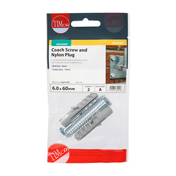 TIMCO Coach Screw & Nylon Plugs Zinc - 6.0 x 60 (2pcs)