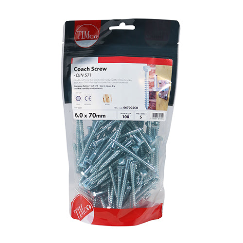 TIMCO Coach Screws Hex Head Silver  - 6.0 x 70 (100pcs)