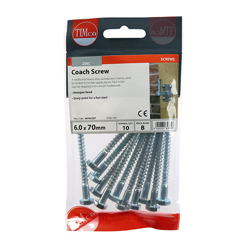 TIMCO Coach Screws Hex Head Silver  - 6.0 x 70 (10pcs)