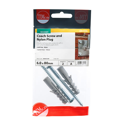 TIMCO Coach Screw & Nylon Plugs Zinc - 6.0 x 80 (2pcs)