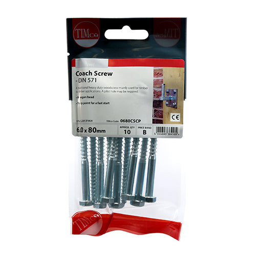 TIMCO Coach Screws Hex Head Silver  - 6.0 x 80 (10pcs)