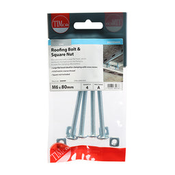 TIMCO Roofing Bolts & Square Nuts Silver - M6 x 80 (4pcs)