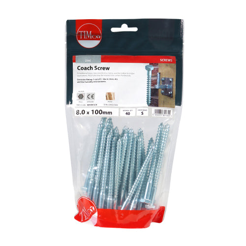 TIMCO Coach Screws Hex Head Silver  - 8.0 x 100 (40pcs)