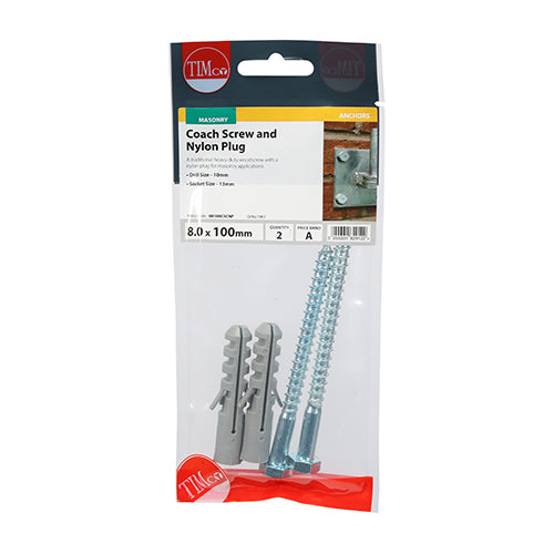 TIMCO Coach Screw & Nylon Plugs Zinc - 8.0 x 100 (2pcs)