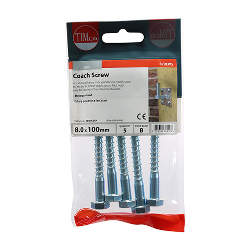 TIMCO Coach Screws Hex Head Silver  - 8.0 x 100 (5pcs)