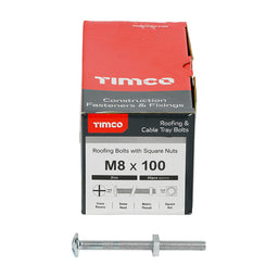 TIMCO Roofing Bolts & Square Nuts Silver - M8 x 100 (50pcs)