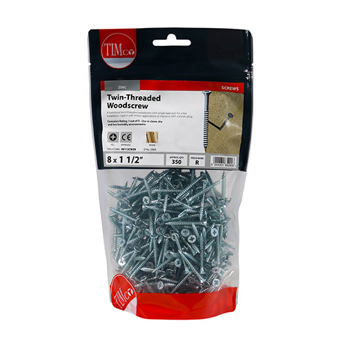 TIMCO Twin-Threaded Countersunk Silver Woodscrews - 8 x 11/2 (350pcs)