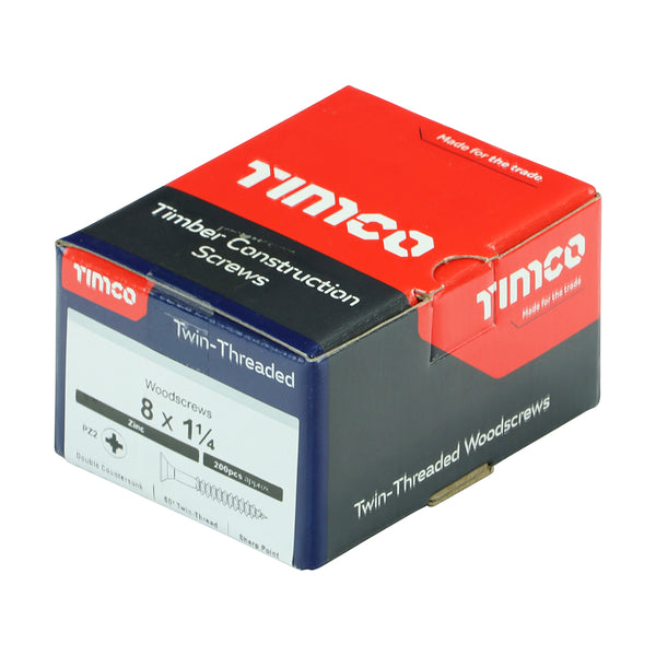TIMCO Twin-Threaded Countersunk Silver Woodscrews - 8 x 1 1/4 (200pcs)