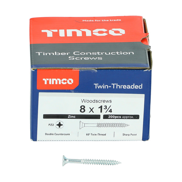 TIMCO Twin-Threaded Countersunk Silver Woodscrews - 8 x 1 3/4 (200pcs)