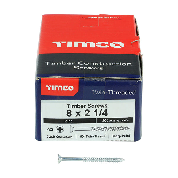 TIMCO Twin-Threaded Countersunk Silver Woodscrews - 8 x 2 1/4 (200pcs)