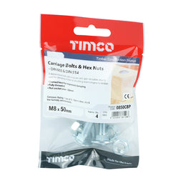 TIMCO Carriage Bolts DIN603 & Hex Full Nut DIN934 Silver - M8 x 50 (4pcs)