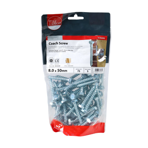 TIMCO Coach Screws Hex Head Silver  - 8.0 x 50 (75pcs)