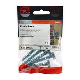 TIMCO Coach Screws Hex Head Silver  - 8.0 x 50 (5pcs)