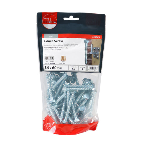 TIMCO Coach Screws Hex Head Silver  - 8.0 x 60 (65pcs)